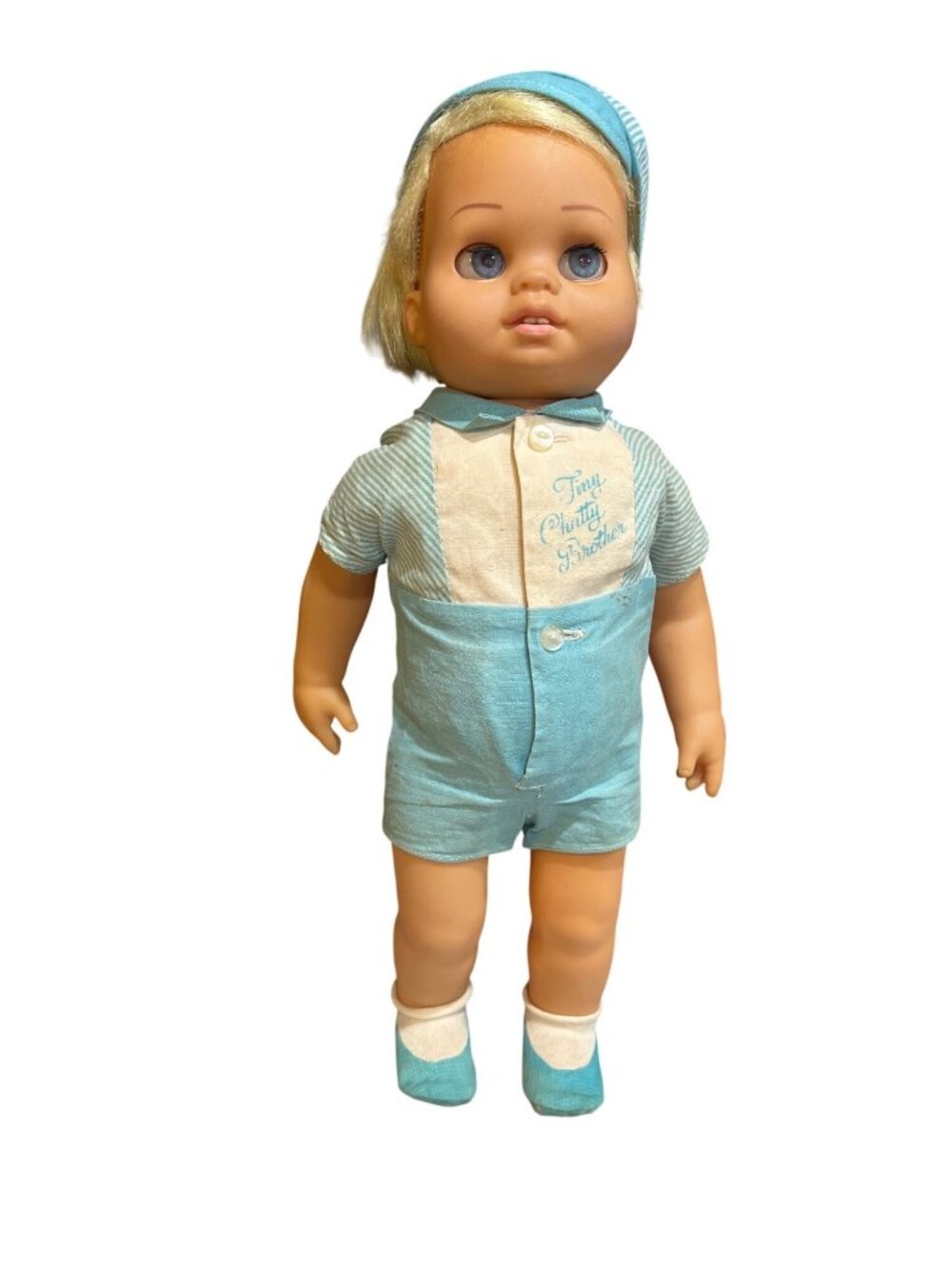 1960s Mattel Tiny Chatty Brother Doll Blue & White Striped Romper & Cap Fair